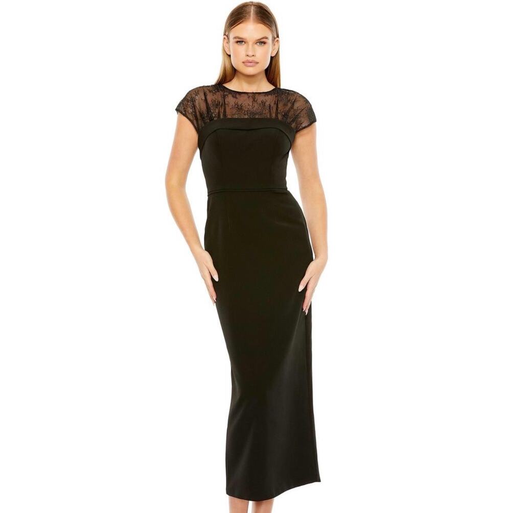 Mac Duggal 49799 black illusion lace midi cocktail dress